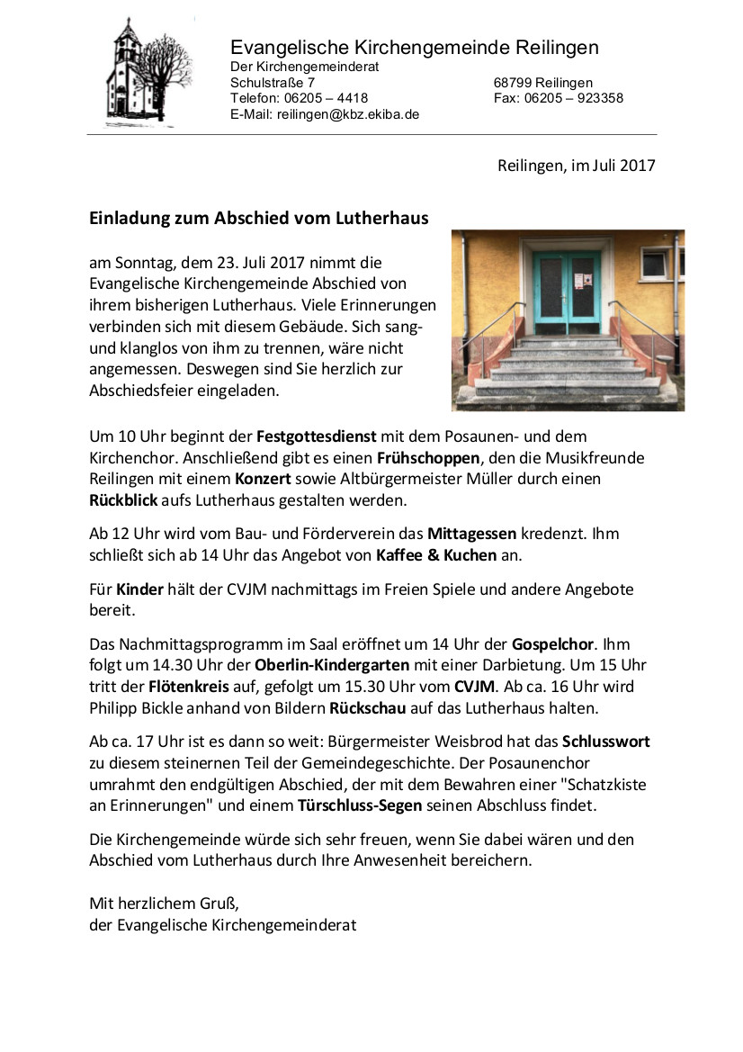 Herzliche Einladung Zum Abschied Vom Lutherhaus Evangelische Kirchengemeinde Reilingen